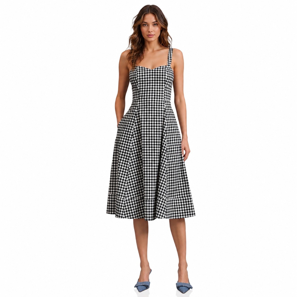Anthropologie Avec Les Filles Womens Midi Dress 14 Gingham Fit & Flare 84810